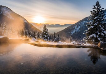 Tranquil outdoor hot spring pool with mountains and pine trees at sunset
