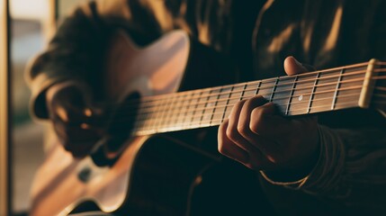 Fototapeta premium Person playing guitar warm home environment, showcasing soft morning light that creates cozy atmosphere. focus is hands skillfully strumming strings, evoking sense of tranquility and creativity