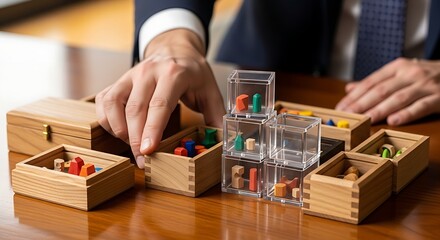 Person arranging wooden and clear boxes filled with colorful geometric shapes on a wooden surface