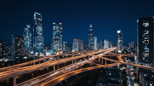 Panoramic night view of a modern city skyline with a complex highway system and starry sky
