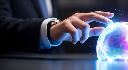 Hand touching a glowing orb with blue and purple light on a dark surface wearing a suit and a watch