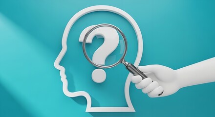 White head outline with question mark and hand holding magnifying glass on blue background art