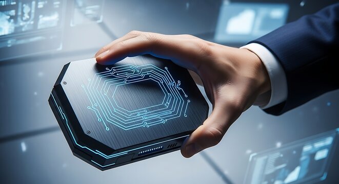 Hand holding a futuristic device with glowing circuit patterns in a high tech environment setting