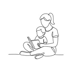 continuous line drawing of mother and child reading book