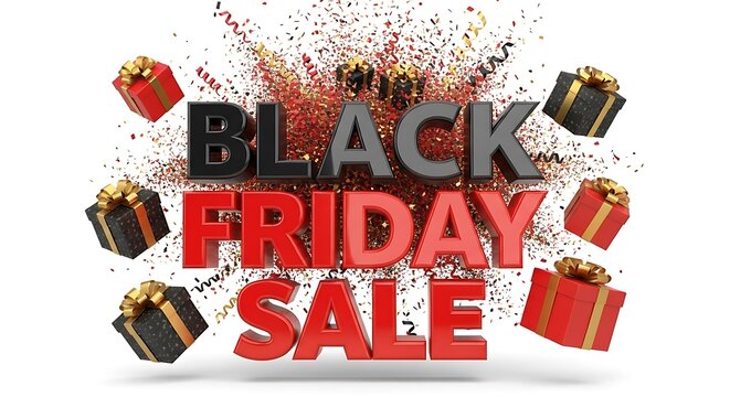 Black Friday Sale with gifts and confetti on white background.