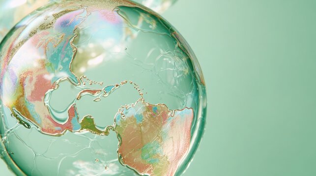 soap bubble reflecting detailed map of the world, floating in air on soft pastel green background, fragile transparency and iridescent light, symbol - Powered by Adobe
