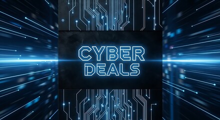 Neon sign displaying the words "CYBER DEALS" against a futuristic digital background with glowing lines.