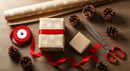 Festive Christmas gift wrapping supplies including paper, red ribbon, scissors, and pinecones on a wooden surface.