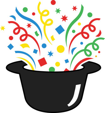 Colorful confetti and streamers fly out of a black inverted bowler hat. Celebration, magic, surprise, magic.