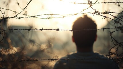 young man silhouette behind barbed wire, soft morning light, emotional composition, sense of captivity and resilience, blurred background