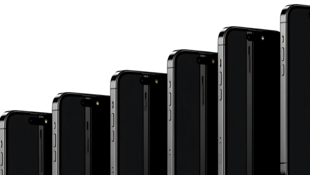 Modern smartphones lined up in a row against a dark background