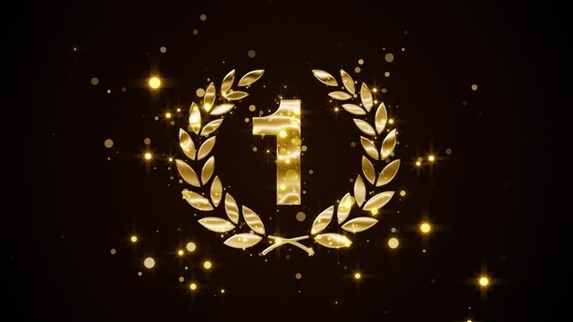 Elegant gold laurel wreath encircling a glowing number one, with sparkles and rays on a dark festive background, symbolizes top ranking, championship, first place and achievement