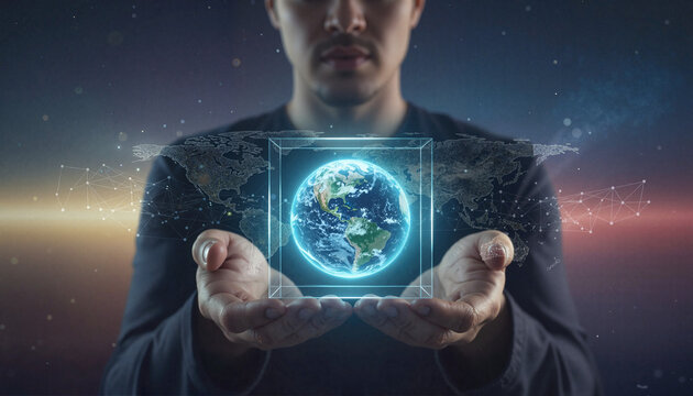 A person holds a glowing cube in their hands, inside which is a miniature planet