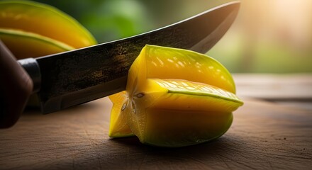 Starfruit Sliced on Wooden Surface with Sharp Knife Revealing Juicy Texture