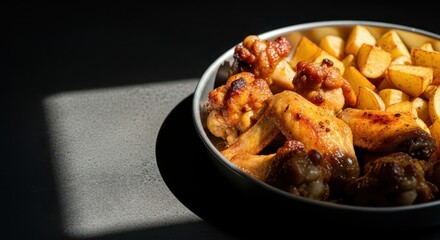 Closeup of delicious roasted chicken wings and potato wedges in a bowl