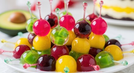 Colorful fruit jelly candies on skewers, a sweet dessert treat