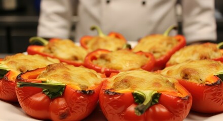 Close up of delicious stuffed red bell peppers baked with cheese