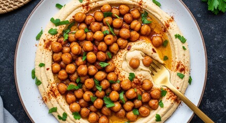 Delicious homemade hummus topped with spiced chickpeas and fresh parsley