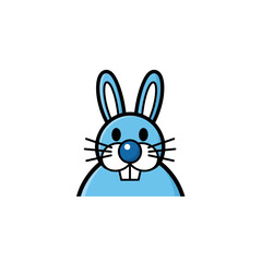 Cute cartoon blue rabbit head illustration, character design with whiskers and buck teeth, isolated.