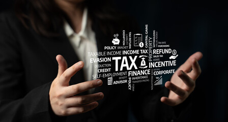 This image illustrates the concept of tax management and financial planning, featuring hands...