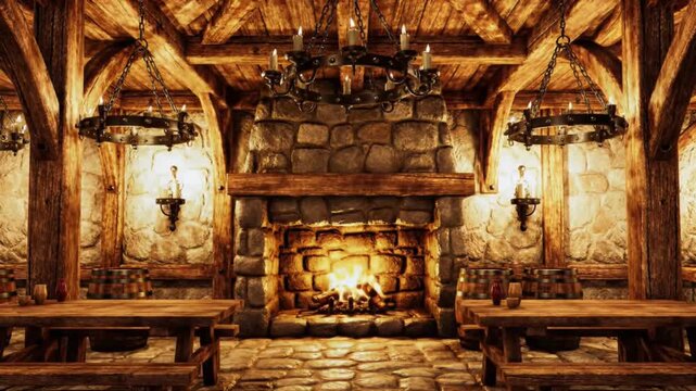 Bright rustic wooden tavern with fireplace and vintage chandelier
