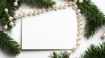 Elegant blank card framed by pearls and evergreen branches, set against a white background in a peaceful holiday setting