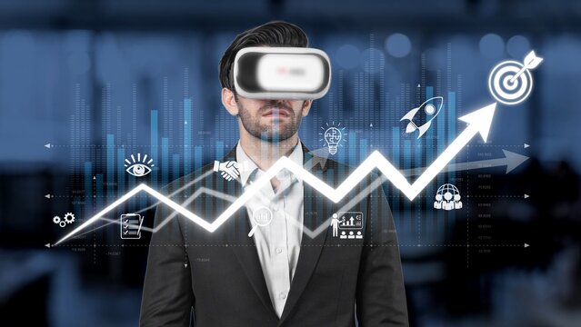 A businessman wearing a virtual reality headset focuses on data visualization with trends and growth metrics, illustrating the intersection of technology and business. Raster - Powered by Adobe