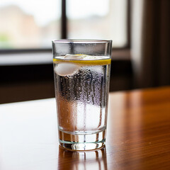 A clear glass of water with ice and a lemon slice on a wooden table.