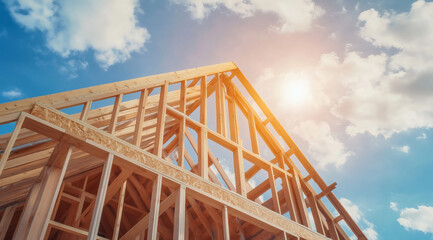 Framing for new house is set in sunlight under blue sky, showing open wood beams and strong construction.