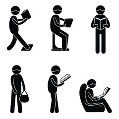 Illustration of stick figures in various poses reading books and holding a bag in black and white