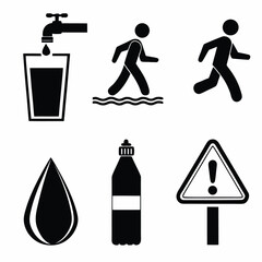 Illustration of water related icons including drinking water and water hazard signs and stick figures