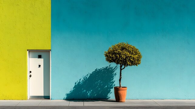 Minimalist architectural shot of a vibrant lime green and bold blue wall with a clean white door. A single potted green tree casts a sharp shadow in the bright sun.