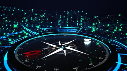 Futuristic Compass Navigation in Digital Network Environment. 3D illustration.