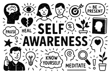 Self awareness concept with mindfulness, emotional intelligence, and reflection symbols in black and white doodle style, Transparent Background