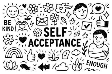 Self acceptance concept with confidence, self love, and positive affirmation symbols in black and white doodle style, Transparent Background