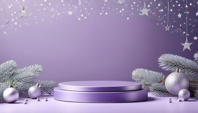Pale lilac empty podiums on pale lila cbackground with pale lilac christmas tree branches with silver star shape decorations. Christmas concept
