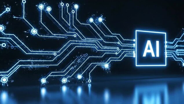 Advance line Connecting with AI Letters on Chip Glowing. Energy line moving and AI Connected