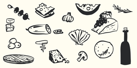 Hand drawn cheese plate whimsical simple minimalist illustration. Restaurant menu sketches of dinner party lunch vintage cheese food estate. 