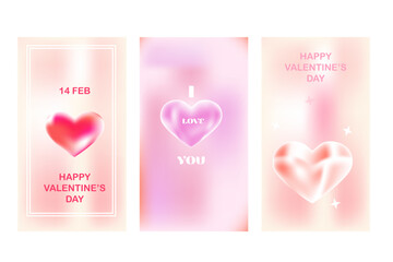 Set of romantic Valentine Day cards template. Trendy modern aesthetic design in y2k style. Blurred heart shapes on pink backgrounds. Happy Valentine's Day covers vector set.