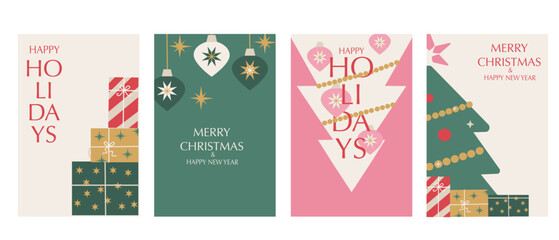 Set of Merry Christmas modern minimalist geometric cards. Simple aesthetic winter holidays backgrounds in retro colors. Trendy xmas modern vector illustrations set. Gift, christmas tree and ornaments.