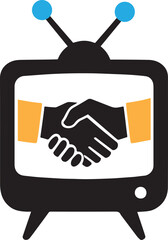 Stylized black television with handshake on screen and blue antenna knobs agreement deal