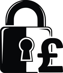 Black and White Vector Icon of Padlock with British Pound Symbol Representing Financial Security
