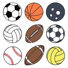 Collection of nine different sports balls including soccer basketball and football in a grid layout