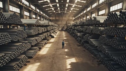 Industrial warehouse with stacks of metal pipes and a worker inspecting inventory, showcasing manufacturing and logistics. - Powered by Adobe