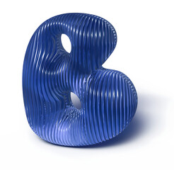 3D Rendering of Blue Wavy Glass Letter B, Alphabet Icon, Transparent Textured Font, Cristal Typography