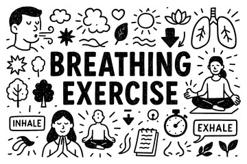 Breathing exercise concept with calmness, mindfulness, and relaxation symbols in black and white doodle style, Transparent Background
