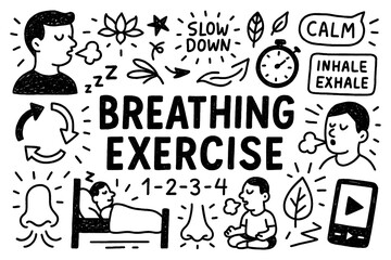 Breathing exercise concept with calmness, mindfulness, and relaxation symbols in black and white doodle style, Transparent Background