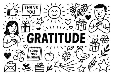 Gratitude concept with thankfulness, mindfulness, and appreciation symbols in black and white doodle style, Transparent Background