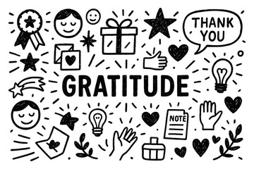 Gratitude concept with thankfulness, mindfulness, and appreciation symbols in black and white doodle style, Transparent Background