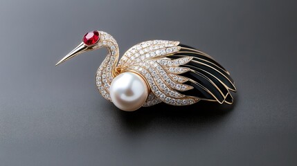 Naklejka premium Exquisite crane bird pendant adorned with diamonds, pearls, and gemstones showcasing Art Nouveau elegance